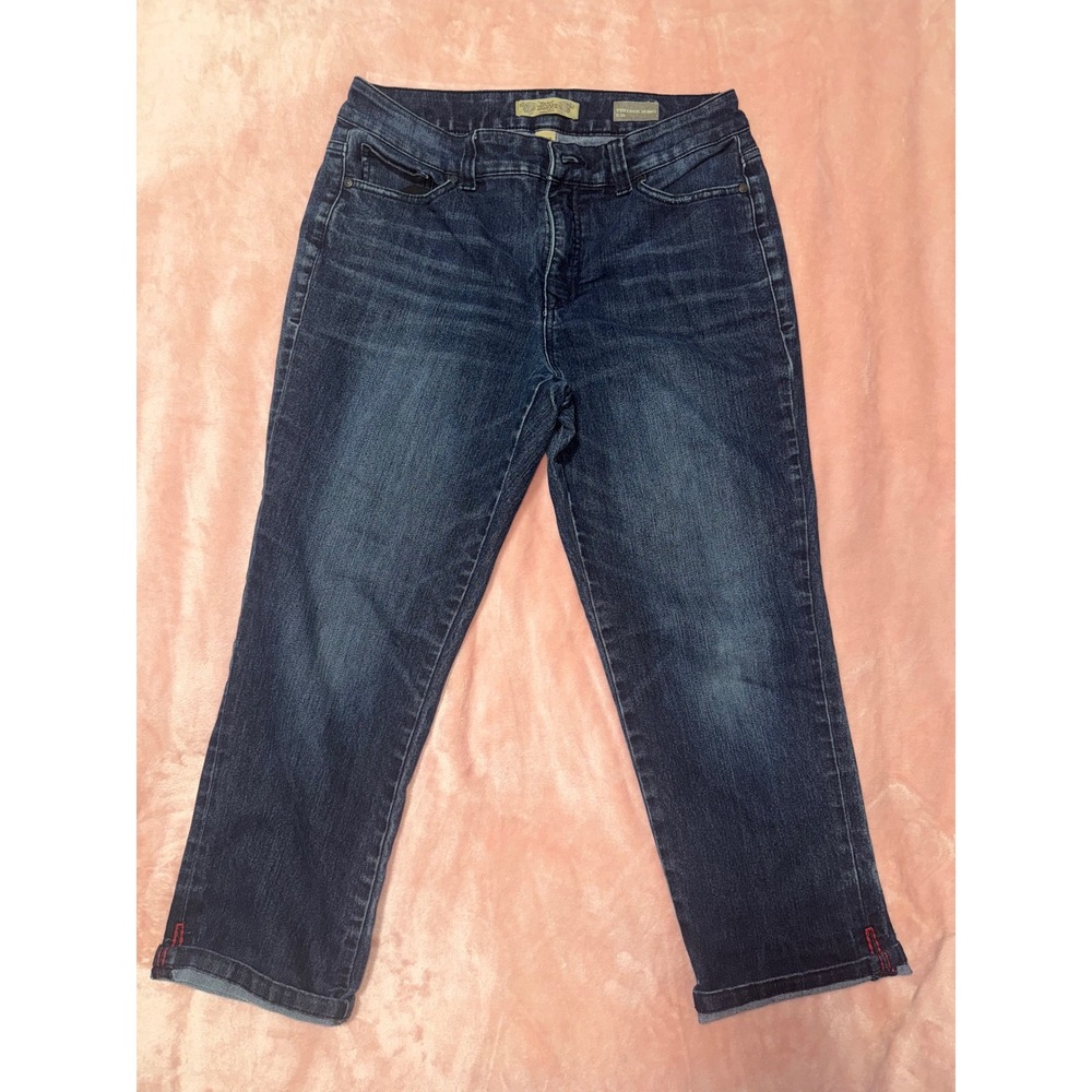 Vintage Soho Cropped Jeans Dark‎ Wash Distressed Denim Cuffed Red Stitch Size 8